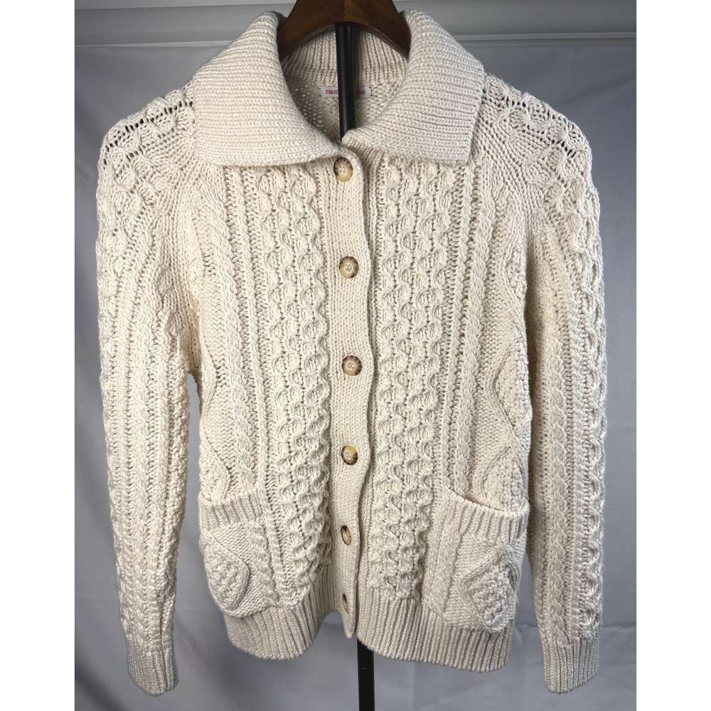 Frances Valentine Small Cream Chunky Cable Knit Cotton Cardigan Preppy Luxury XO